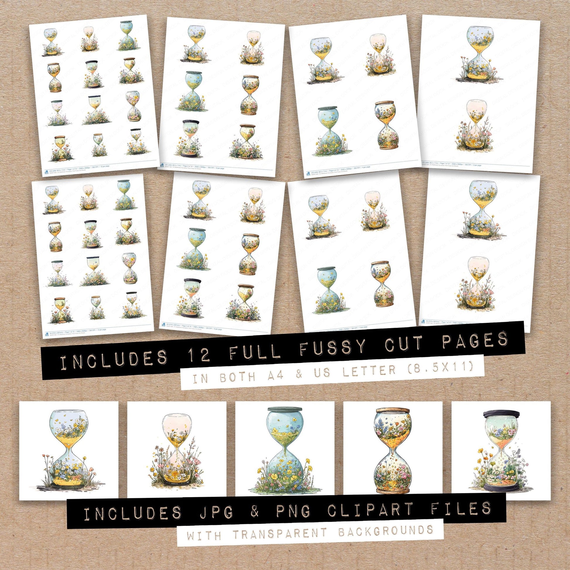Full collection view of Wildflower Hourglass Time fussy cut sheets with bonus clipart JPG and PNG files