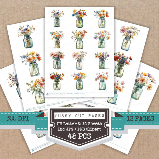 Wildflower Jar fussy cut printable sheets for junk journaling, scrapbooking, and paper craft projects