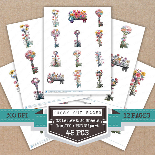 Wildflower Key Bloom fussy cut printable sheets for junk journaling, scrapbooking, and paper craft projects