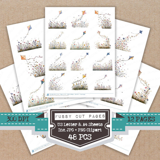 Wildflower Kite Trail fussy cut printable sheets for junk journaling, scrapbooking, and paper craft projects