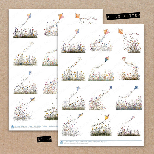 A4 and US Letter format comparison showing Wildflower Kite Trail fussy cut pages for print and cut crafting