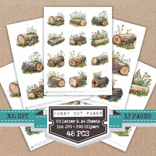 Wildflower Log fussy cut printable sheets for junk journaling, scrapbooking, and paper craft projects