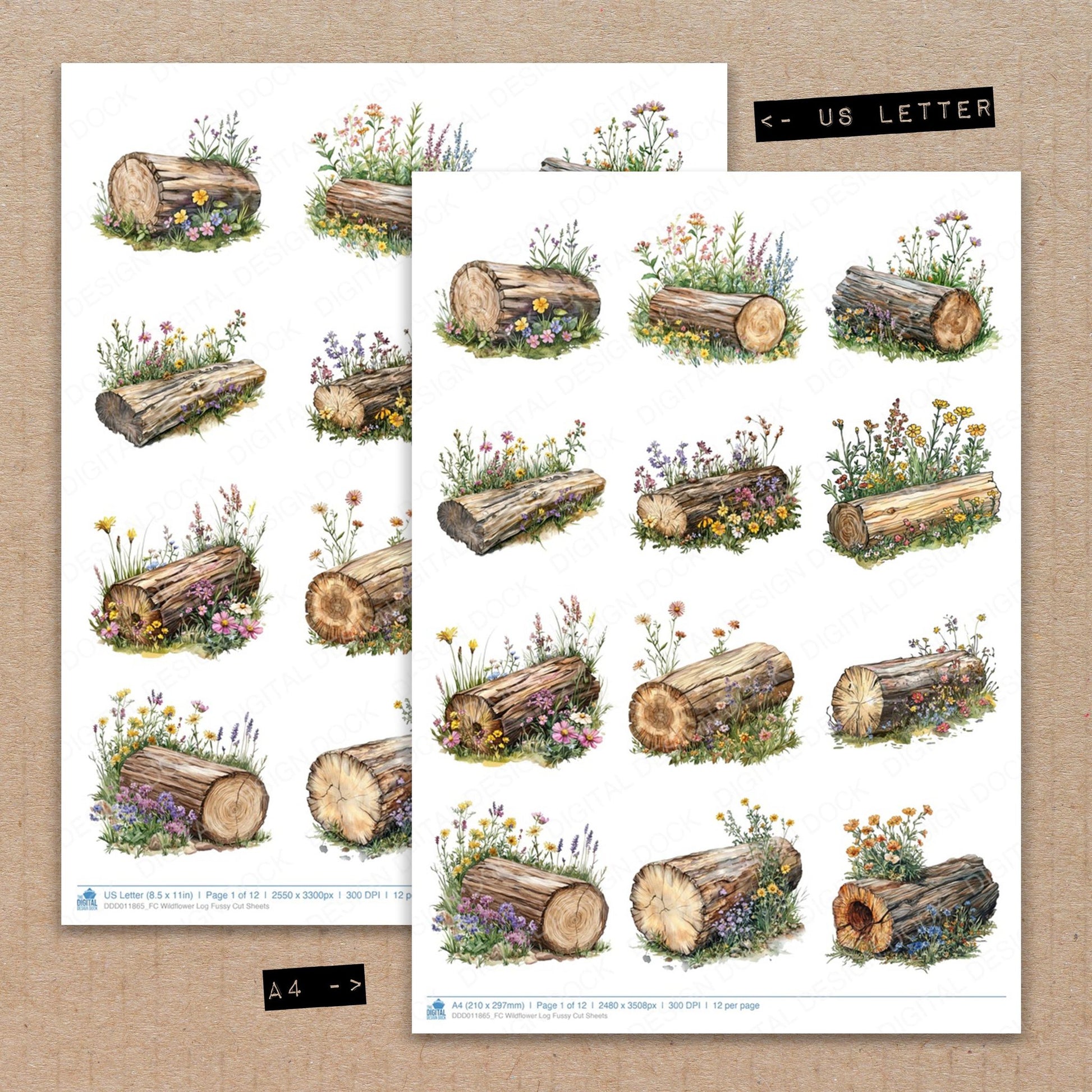 A4 and US Letter format comparison showing Wildflower Log fussy cut pages for print and cut crafting
