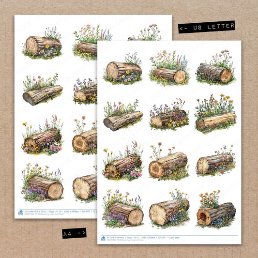 A4 and US Letter format comparison showing Wildflower Log fussy cut pages for print and cut crafting