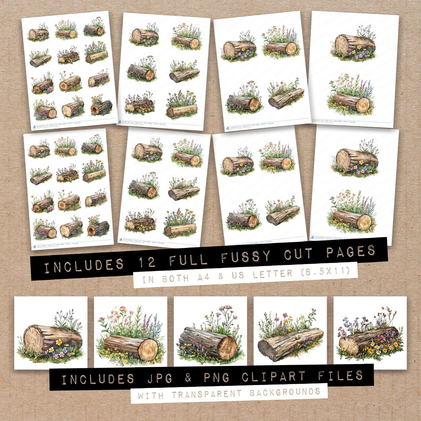 Full collection view of Wildflower Log fussy cut sheets with bonus clipart JPG and PNG files