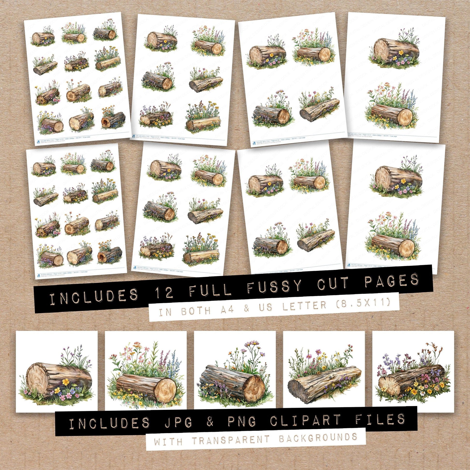 Full collection view of Wildflower Log fussy cut sheets with bonus clipart JPG and PNG files