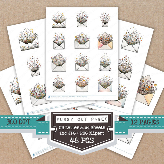 Wildflower Love Letter fussy cut printable sheets for junk journaling, scrapbooking, and paper craft projects