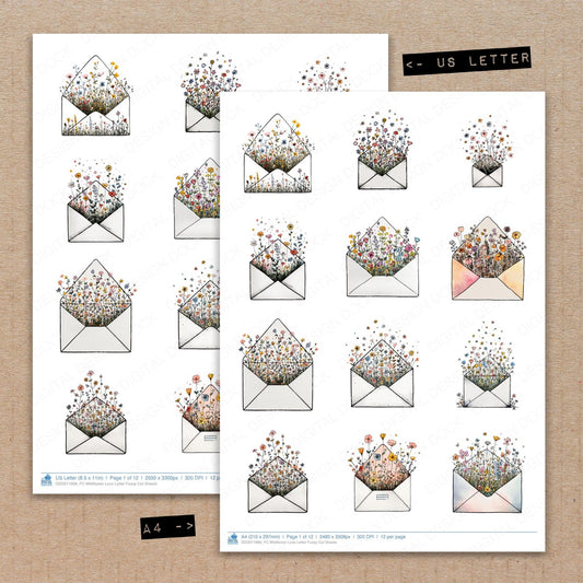 A4 and US Letter format comparison showing Wildflower Love Letter fussy cut pages for print and cut crafting