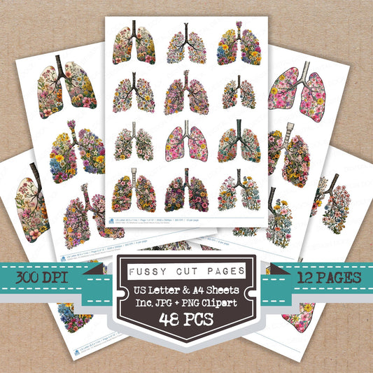 Wildflower Lungs Breath Bloom fussy cut printable sheets for junk journaling, scrapbooking, and paper craft projects