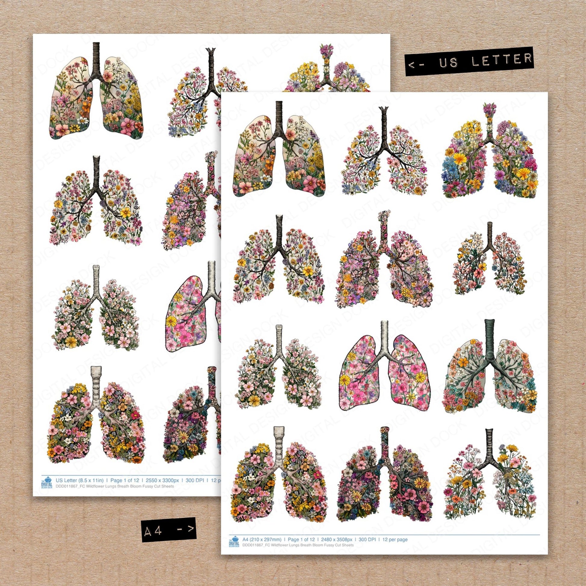 A4 and US Letter format comparison showing Wildflower Lungs Breath Bloom fussy cut pages for print and cut crafting