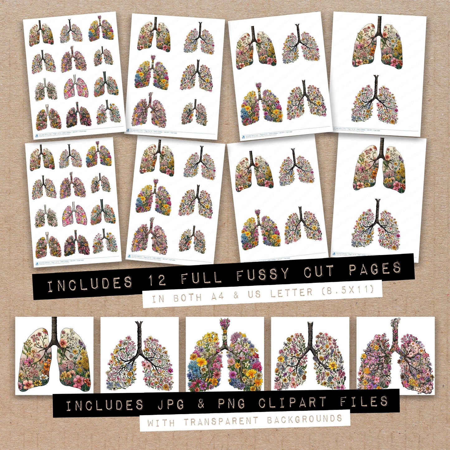 Full collection view of Wildflower Lungs Breath Bloom fussy cut sheets with bonus clipart JPG and PNG files