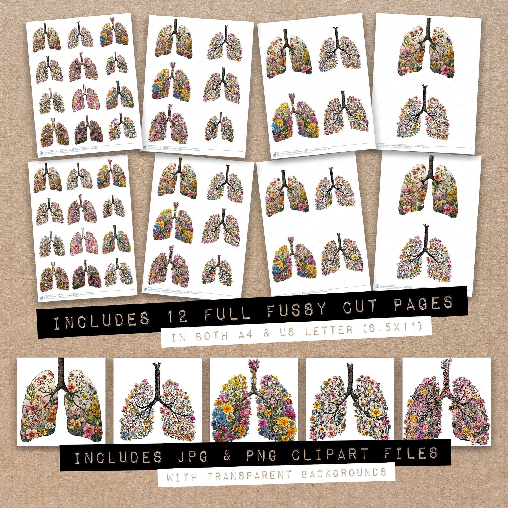 Full collection view of Wildflower Lungs Breath Bloom fussy cut sheets with bonus clipart JPG and PNG files