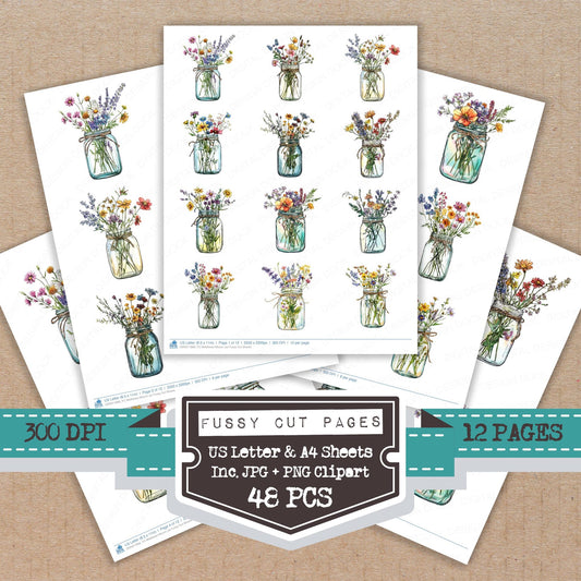 Wildflower Mason Jar fussy cut printable sheets for junk journaling, scrapbooking, and paper craft projects