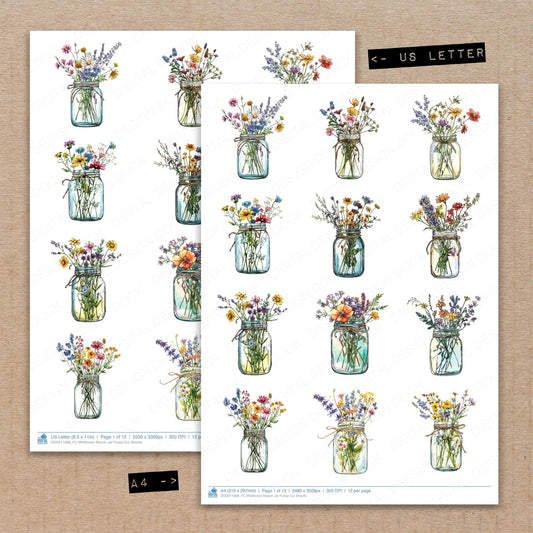A4 and US Letter format comparison showing Wildflower Mason Jar fussy cut pages for print and cut crafting