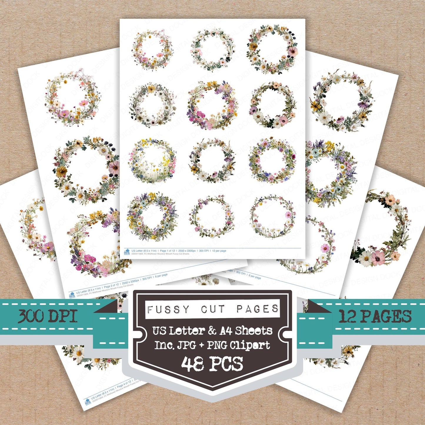 Wildflower Meadow Wreath fussy cut printable sheets for junk journaling, scrapbooking, and paper craft projects