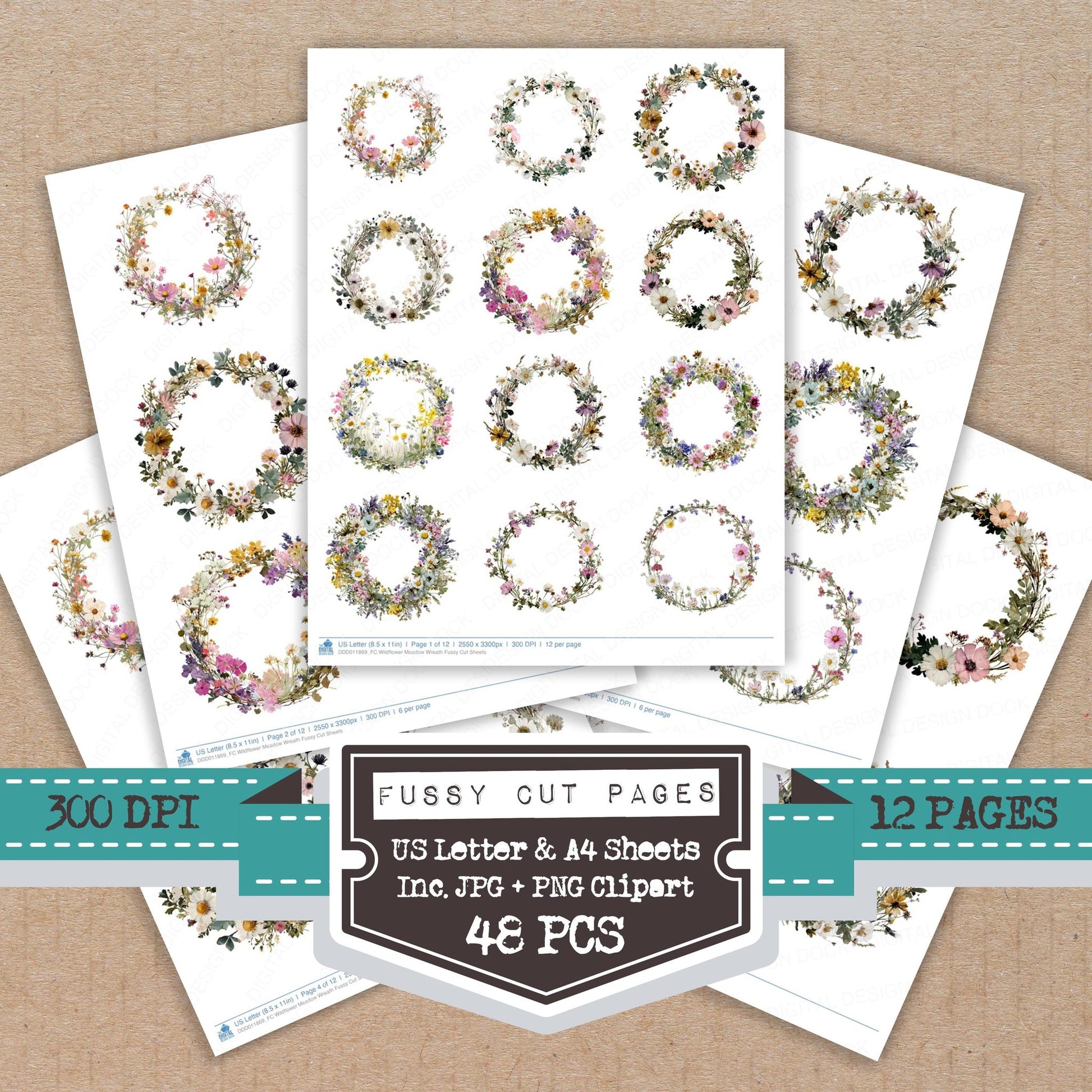 Wildflower Meadow Wreath fussy cut printable sheets for junk journaling, scrapbooking, and paper craft projects