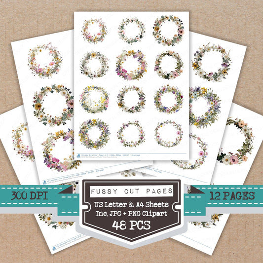 Wildflower Meadow Wreath fussy cut printable sheets for junk journaling, scrapbooking, and paper craft projects