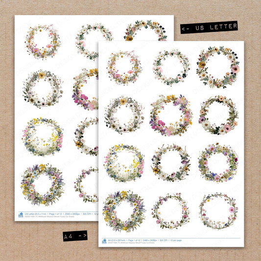 A4 and US Letter format comparison showing Wildflower Meadow Wreath fussy cut pages for print and cut crafting