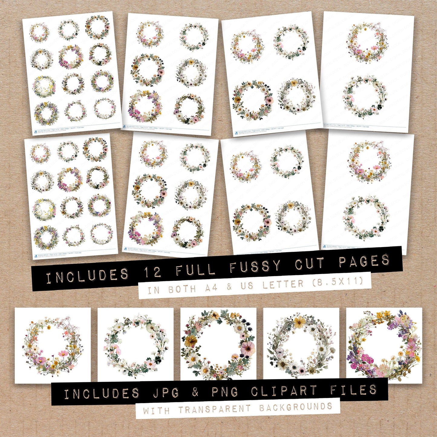 Full collection view of Wildflower Meadow Wreath fussy cut sheets with bonus clipart JPG and PNG files