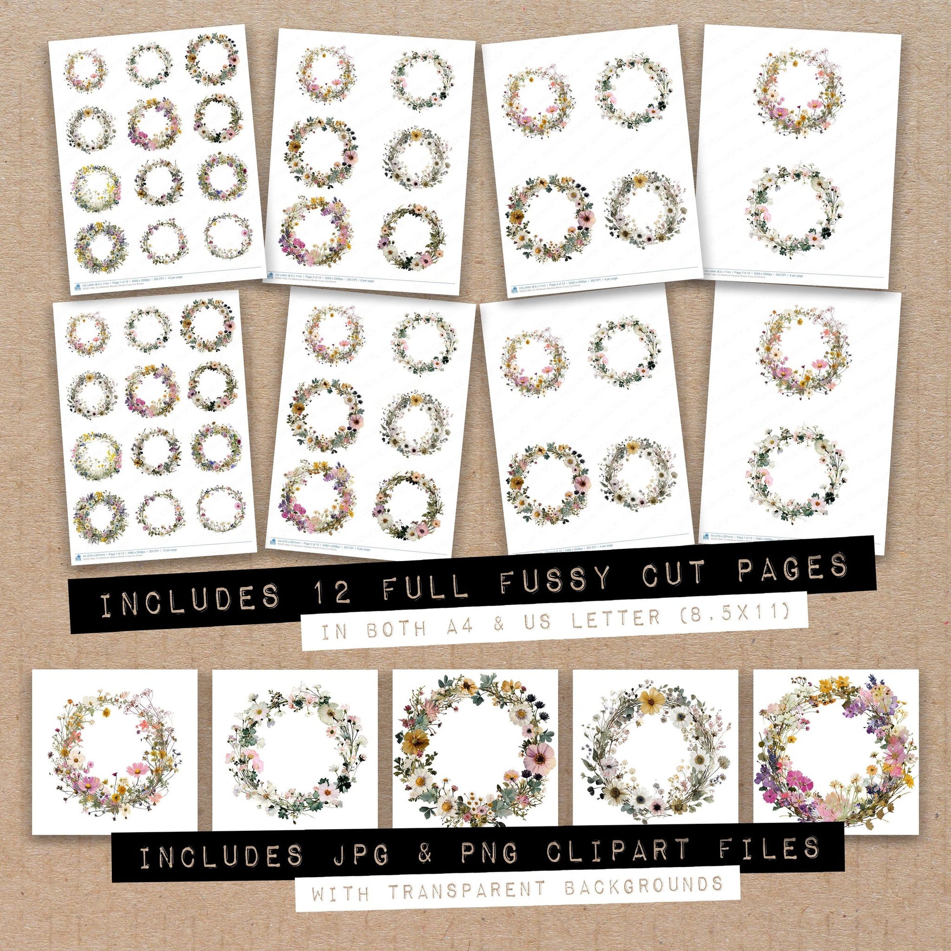 Full collection view of Wildflower Meadow Wreath fussy cut sheets with bonus clipart JPG and PNG files