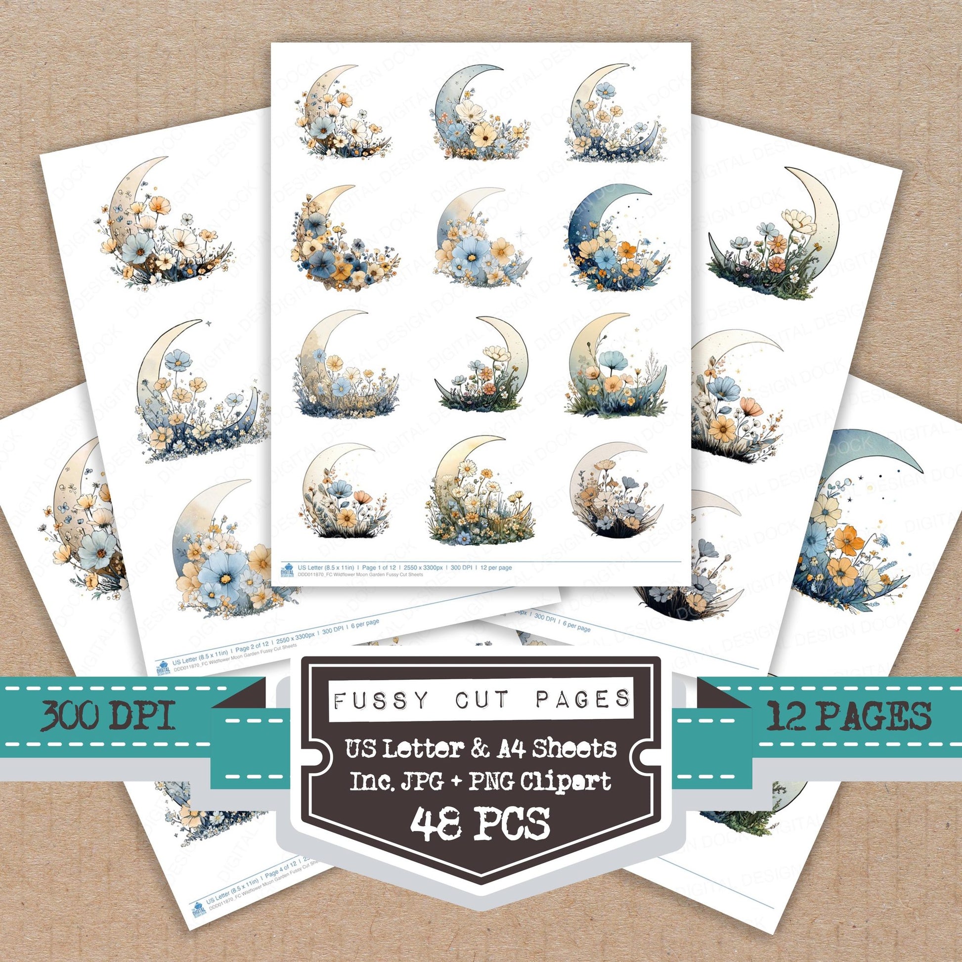 Wildflower Moon Garden fussy cut printable sheets for junk journaling, scrapbooking, and paper craft projects