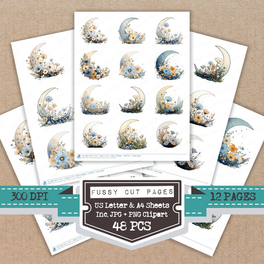 Wildflower Moon Garden fussy cut printable sheets for junk journaling, scrapbooking, and paper craft projects