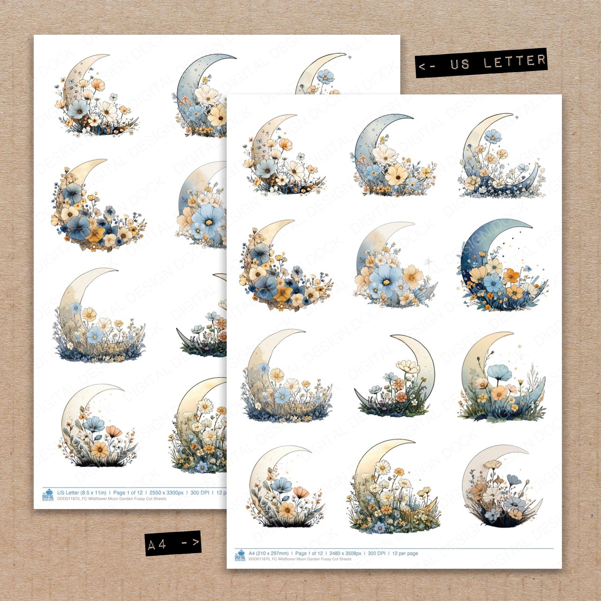 A4 and US Letter format comparison showing Wildflower Moon Garden fussy cut pages for print and cut crafting