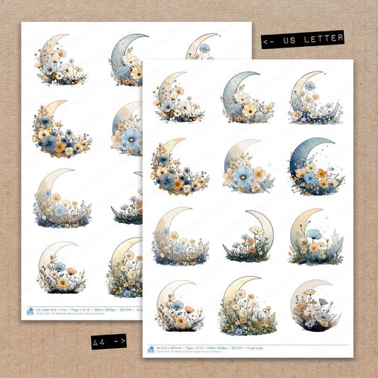 A4 and US Letter format comparison showing Wildflower Moon Garden fussy cut pages for print and cut crafting