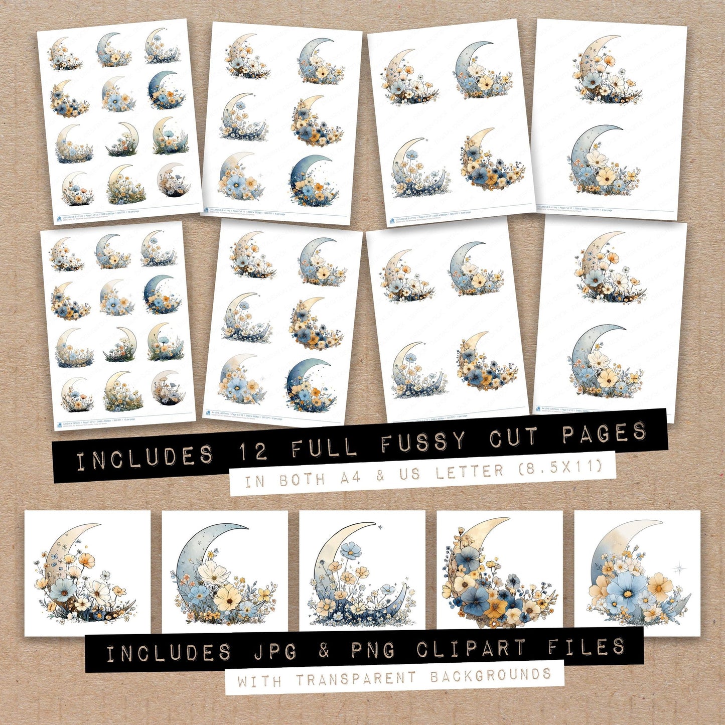 Full collection view of Wildflower Moon Garden fussy cut sheets with bonus clipart JPG and PNG files
