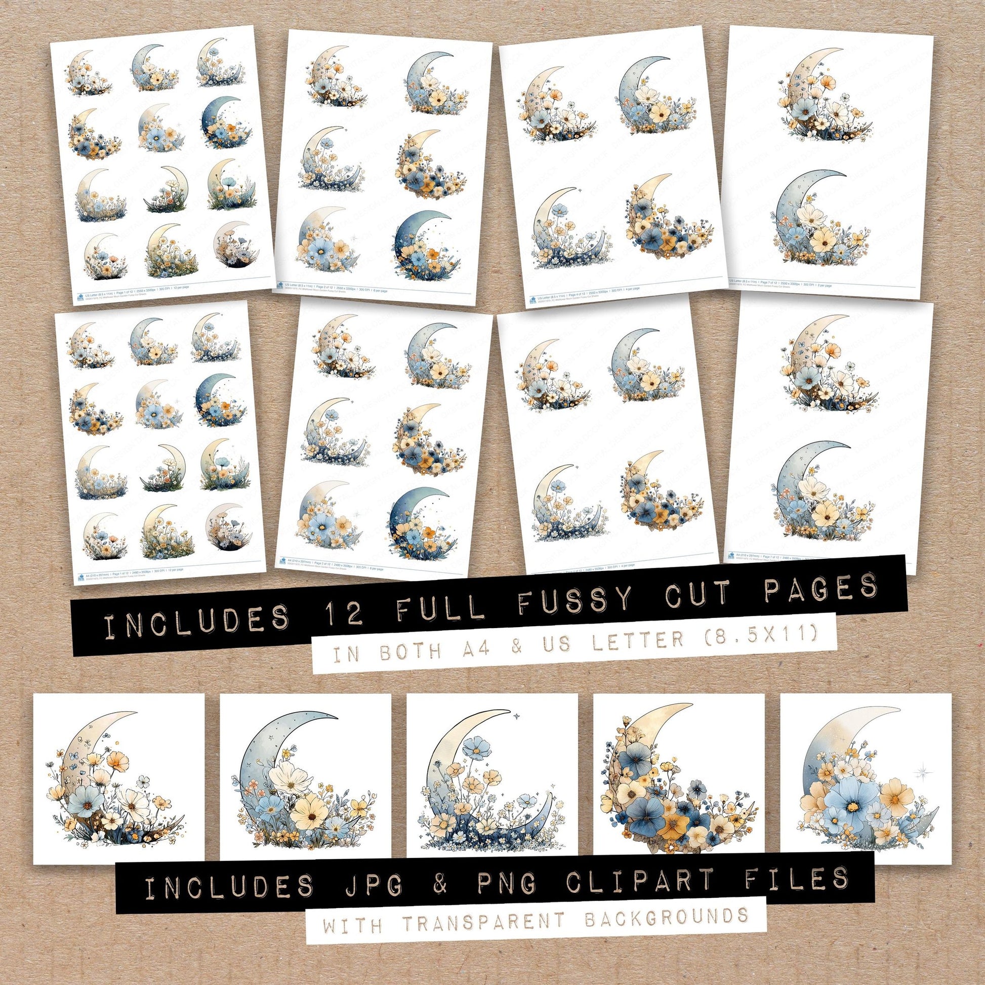 Full collection view of Wildflower Moon Garden fussy cut sheets with bonus clipart JPG and PNG files