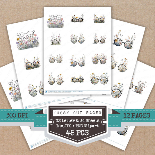 Wildflower Nature View Glasses fussy cut printable sheets for junk journaling, scrapbooking, and paper craft projects