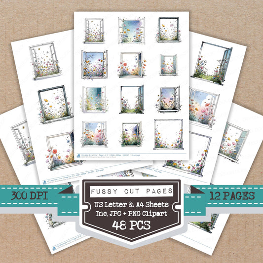 Wildflower Open Window fussy cut printable sheets for junk journaling, scrapbooking, and paper craft projects