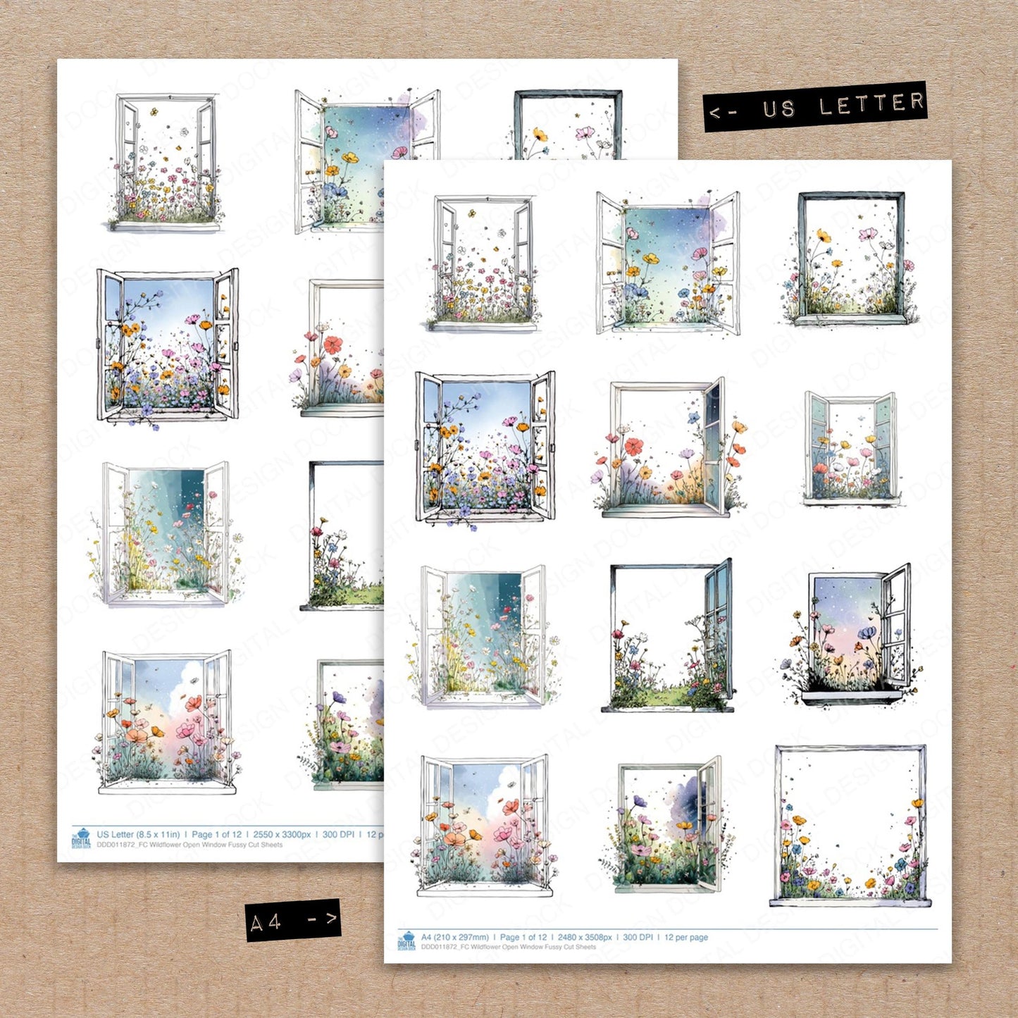 A4 and US Letter format comparison showing Wildflower Open Window fussy cut pages for print and cut crafting