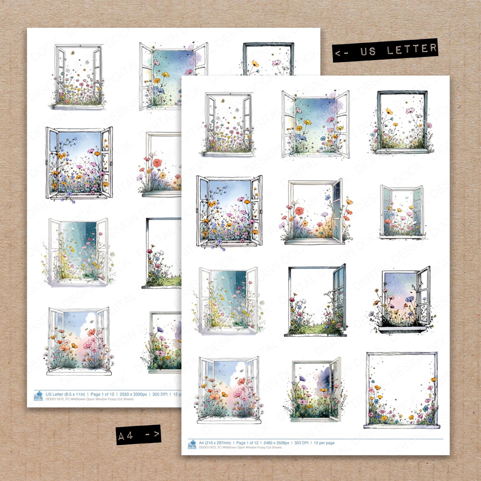 A4 and US Letter format comparison showing Wildflower Open Window fussy cut pages for print and cut crafting