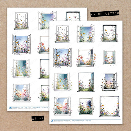 A4 and US Letter format comparison showing Wildflower Open Window fussy cut pages for print and cut crafting