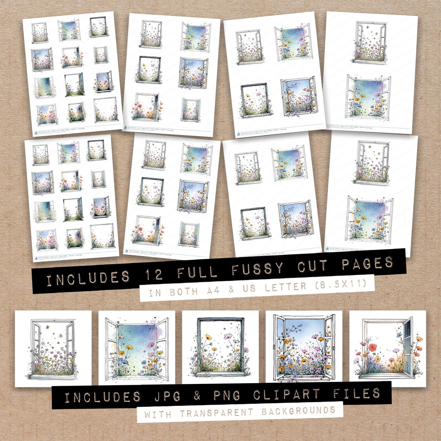 Full collection view of Wildflower Open Window fussy cut sheets with bonus clipart JPG and PNG files