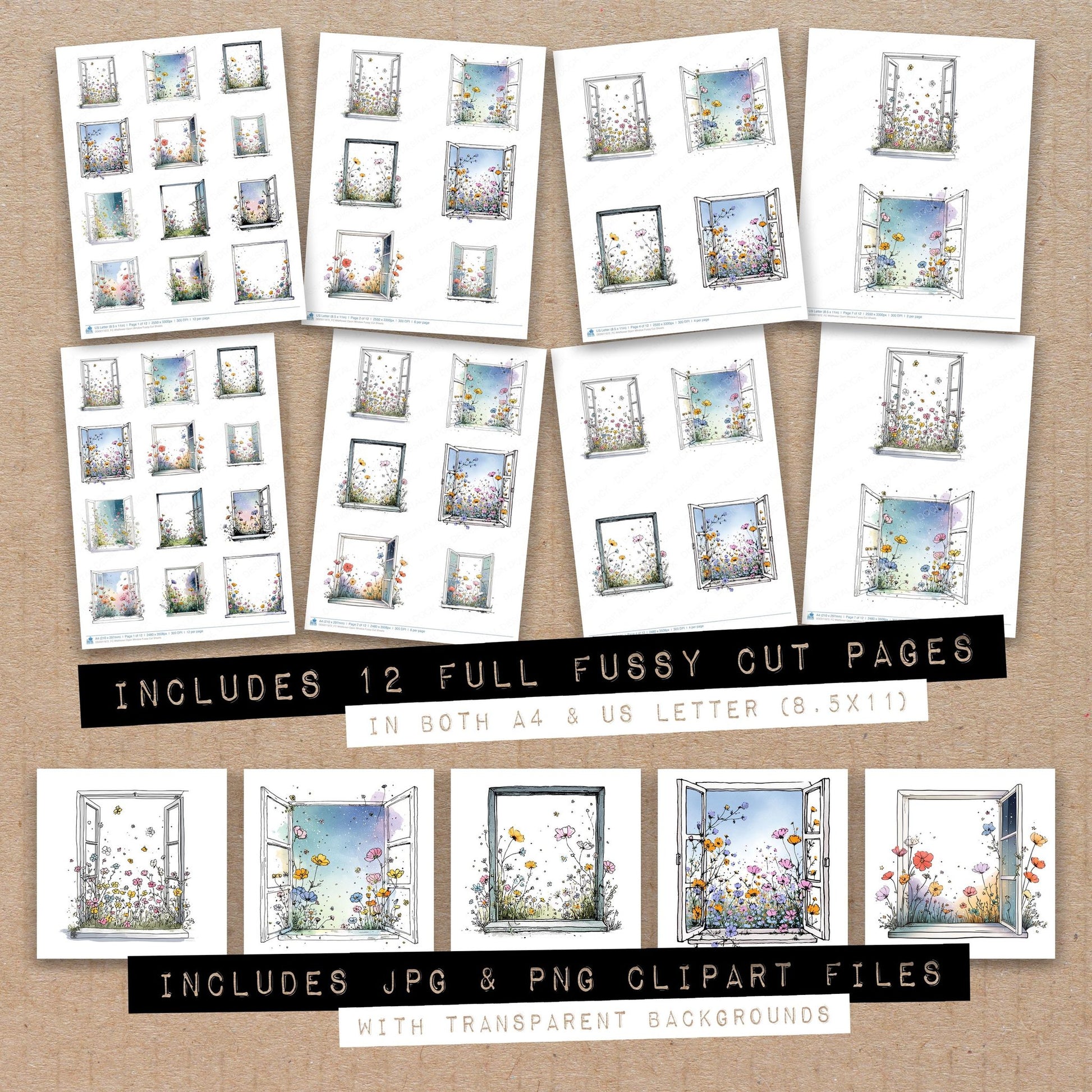 Full collection view of Wildflower Open Window fussy cut sheets with bonus clipart JPG and PNG files
