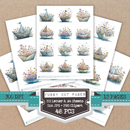 Wildflower Boat fussy cut printable sheets for junk journaling, scrapbooking, and paper craft projects
