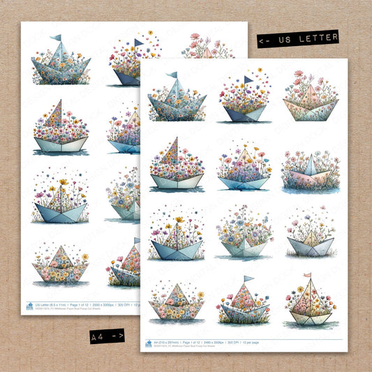 A4 and US Letter format comparison showing Wildflower Boat fussy cut pages for print and cut crafting