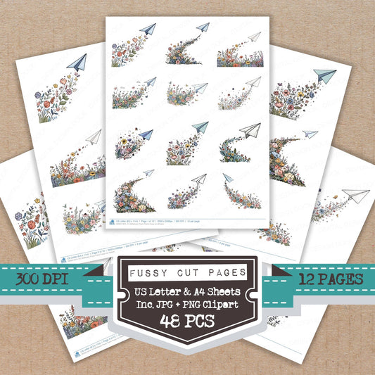Wildflower Plane fussy cut printable sheets for junk journaling, scrapbooking, and paper craft projects