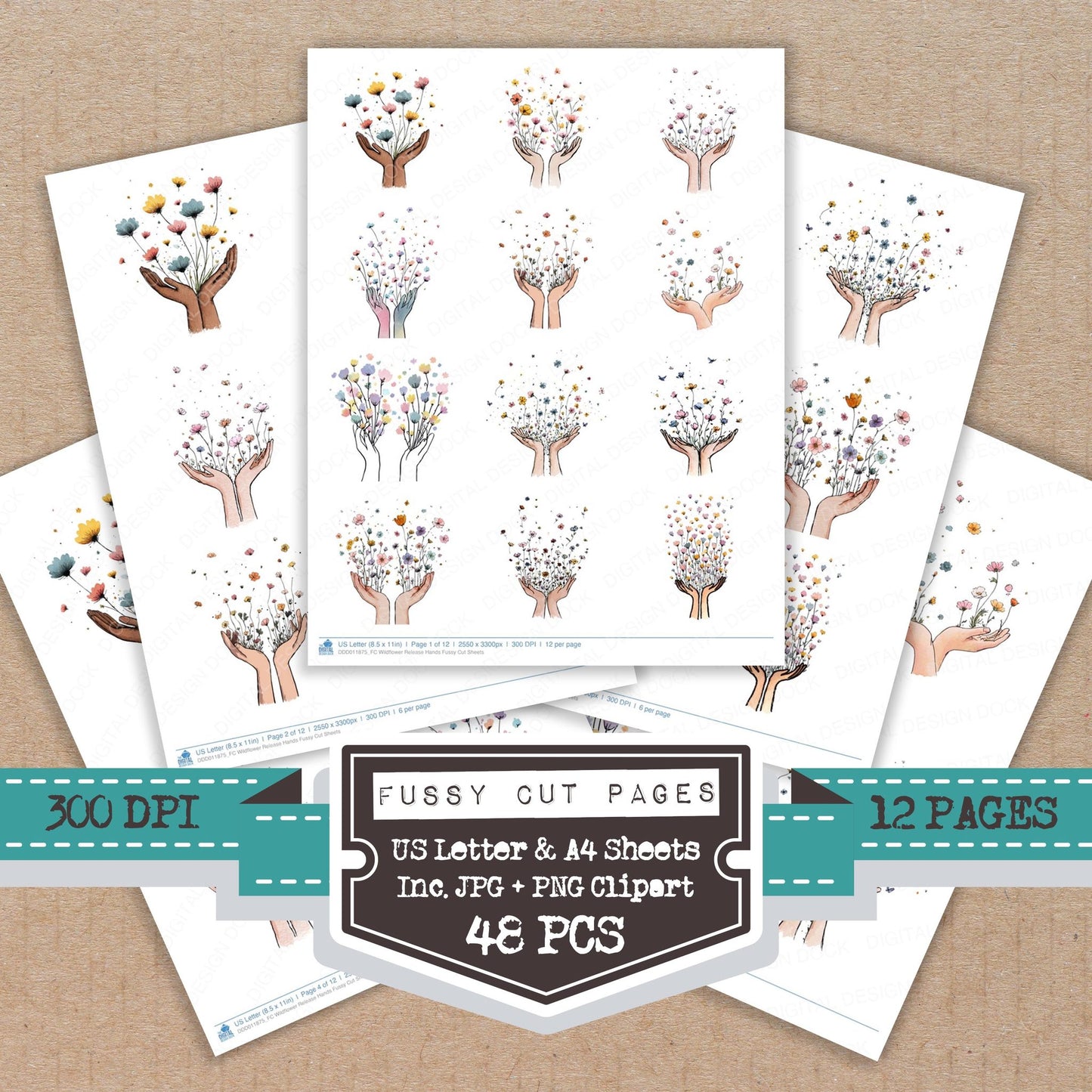 Wildflower Release Hands fussy cut printable sheets for junk journaling, scrapbooking, and paper craft projects