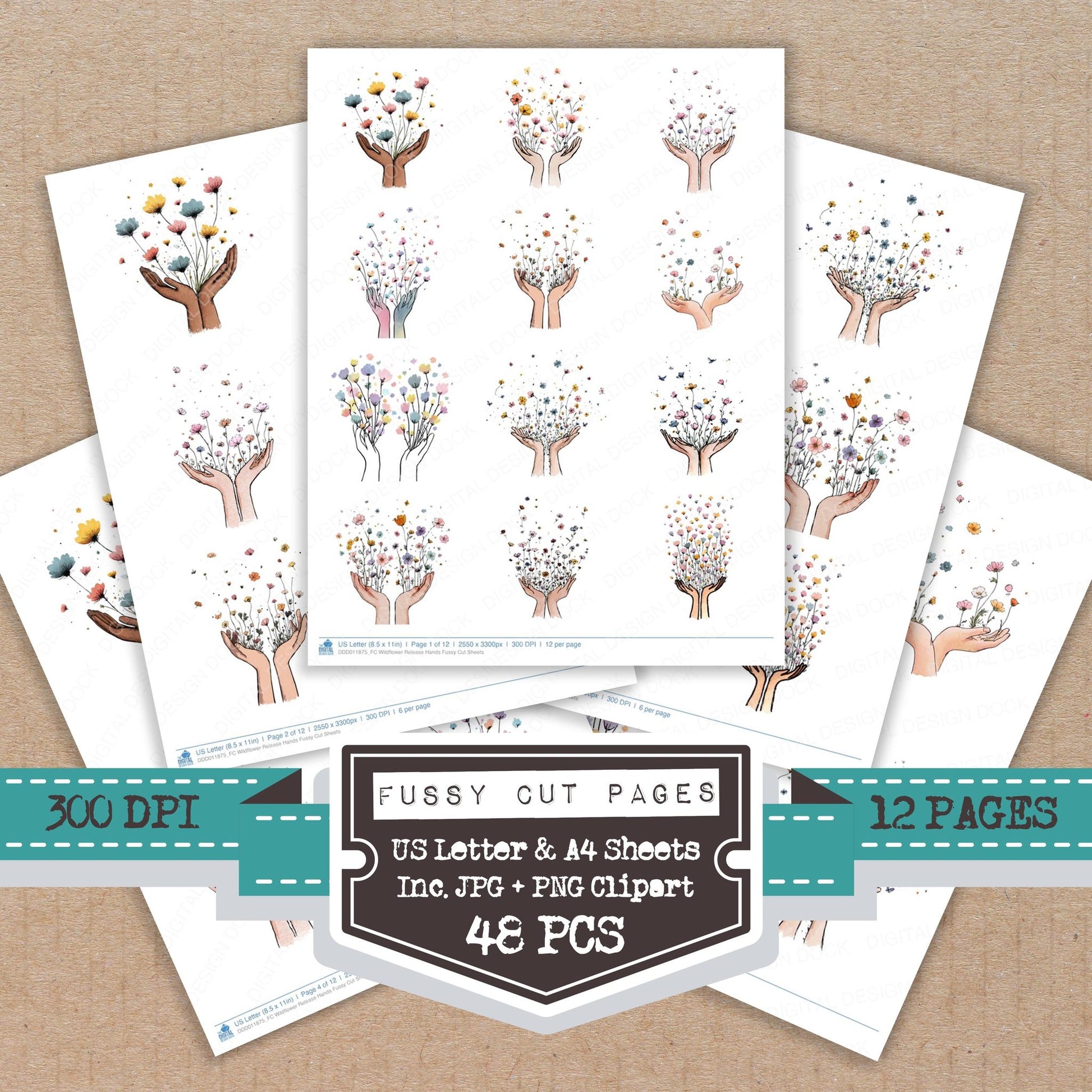 Wildflower Release Hands fussy cut printable sheets for junk journaling, scrapbooking, and paper craft projects