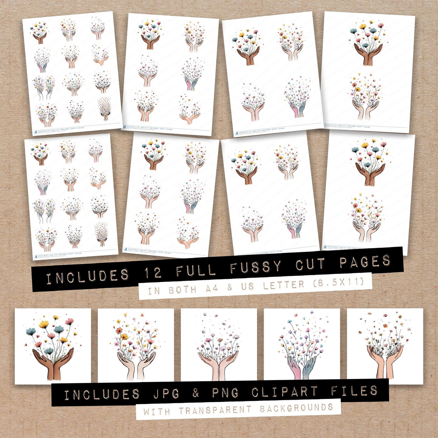 Full collection view of Wildflower Release Hands fussy cut sheets with bonus clipart JPG and PNG files