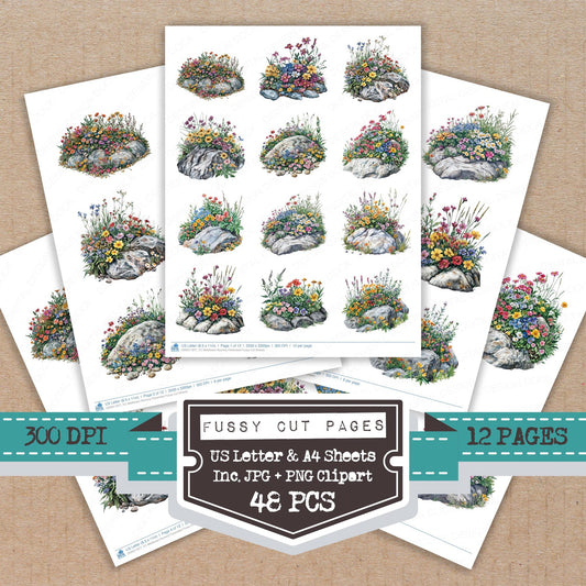 Wildflower Rockery Flowerbed fussy cut printable sheets for junk journaling, scrapbooking, and paper craft projects