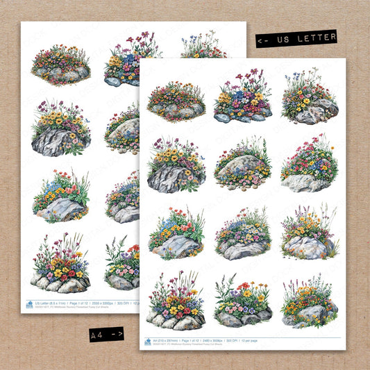 A4 and US Letter format comparison showing Wildflower Rockery Flowerbed fussy cut pages for print and cut crafting