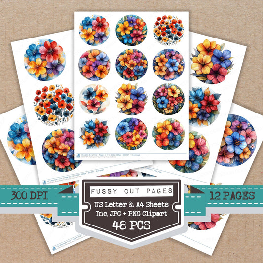 Wildflower Round Design fussy cut printable sheets for junk journaling, scrapbooking, and paper craft projects