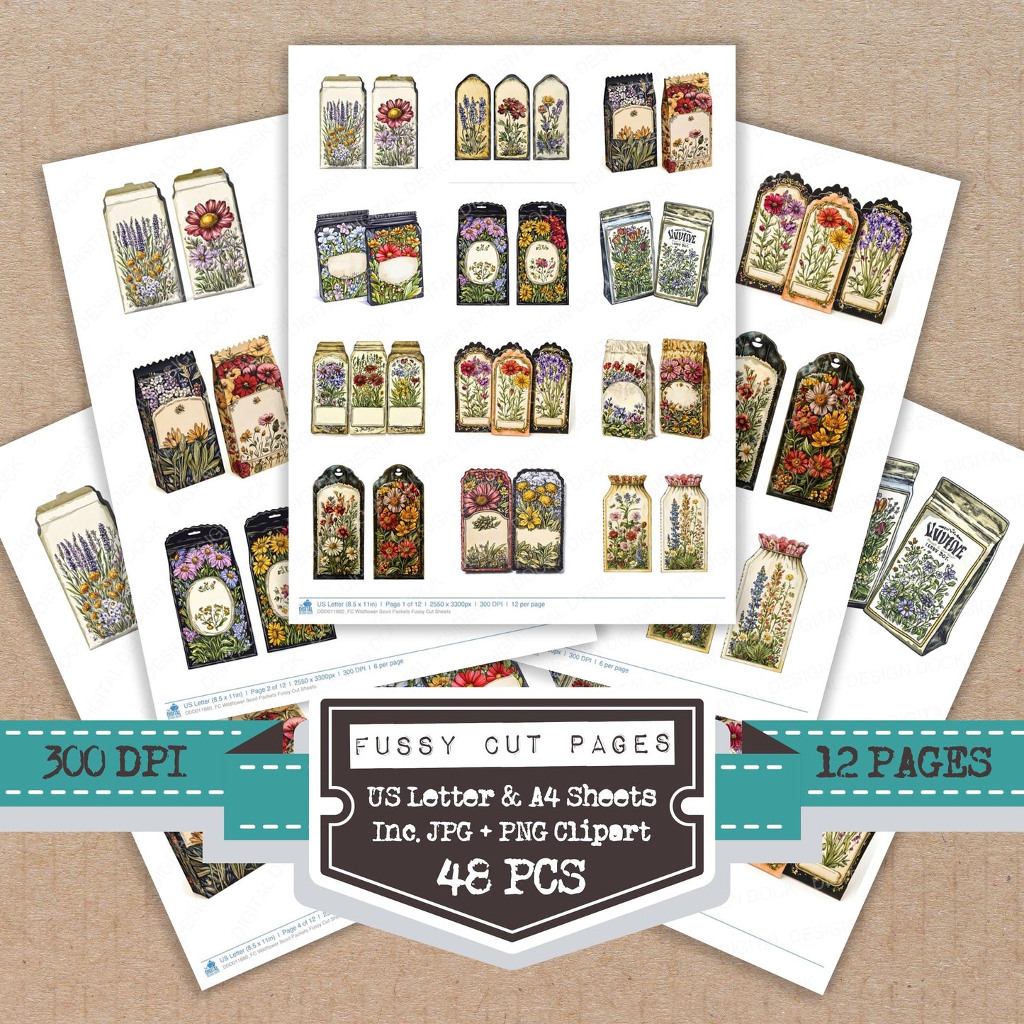 Wildflower Seed Packets fussy cut printable sheets for junk journaling, scrapbooking, and paper craft projects