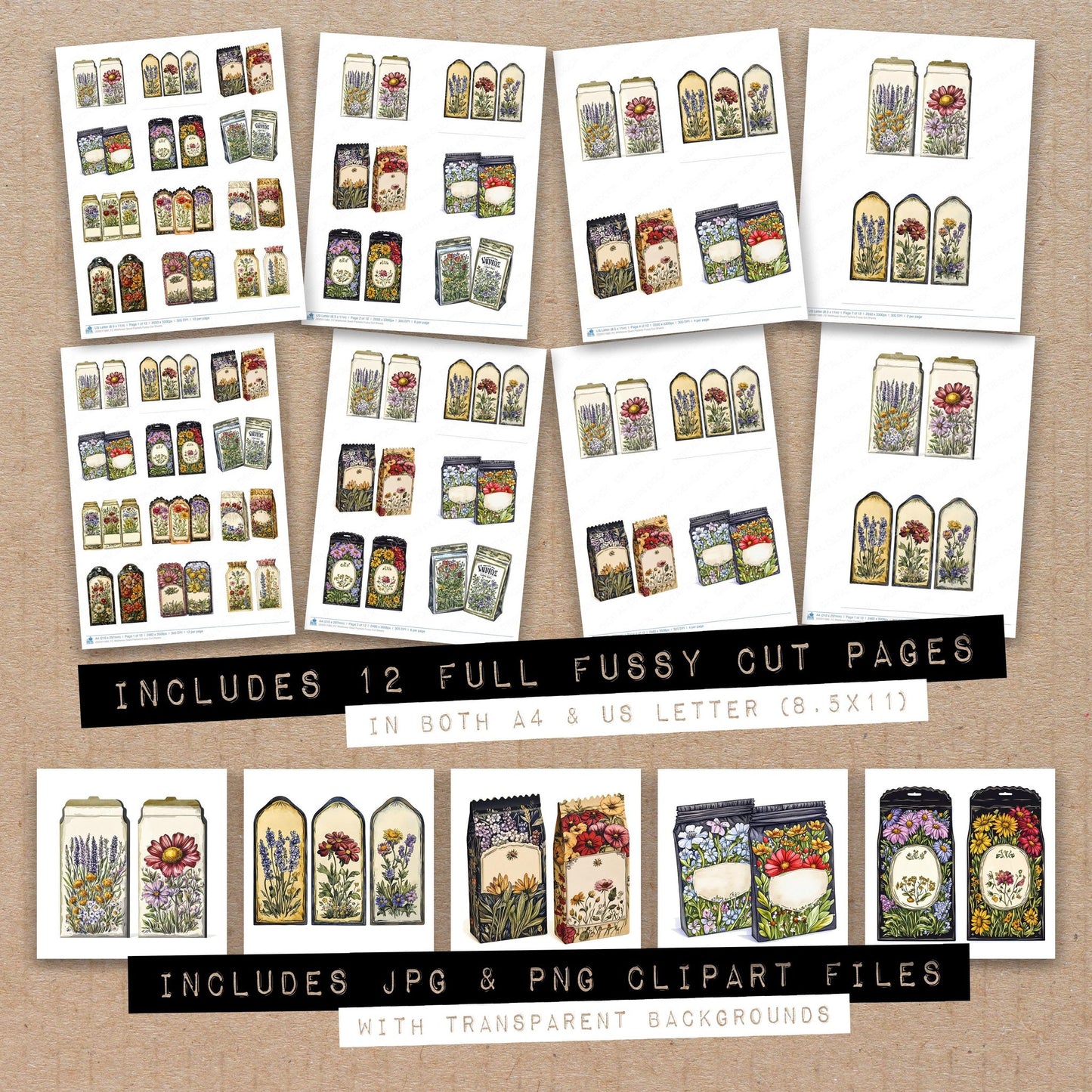 Full collection view of Wildflower Seed Packets fussy cut sheets with bonus clipart JPG and PNG files