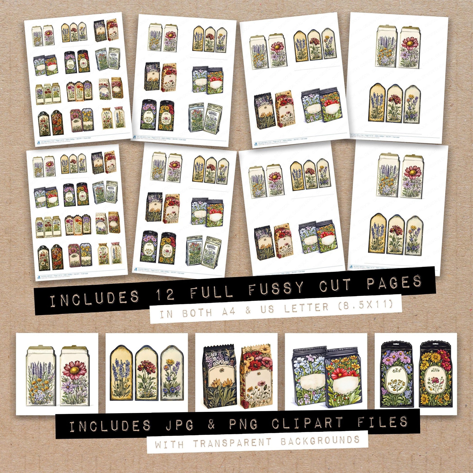 Full collection view of Wildflower Seed Packets fussy cut sheets with bonus clipart JPG and PNG files