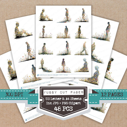 Wildflower Shadow Silhouette fussy cut printable sheets for junk journaling, scrapbooking, and paper craft projects